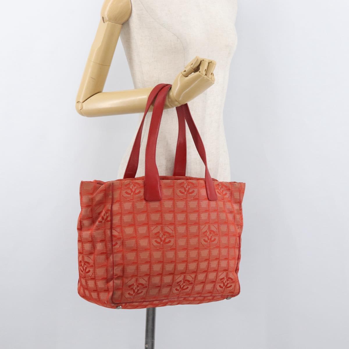CHANEL New Travel Line Tote Bag Nylon Red Silver CC Auth BA12813