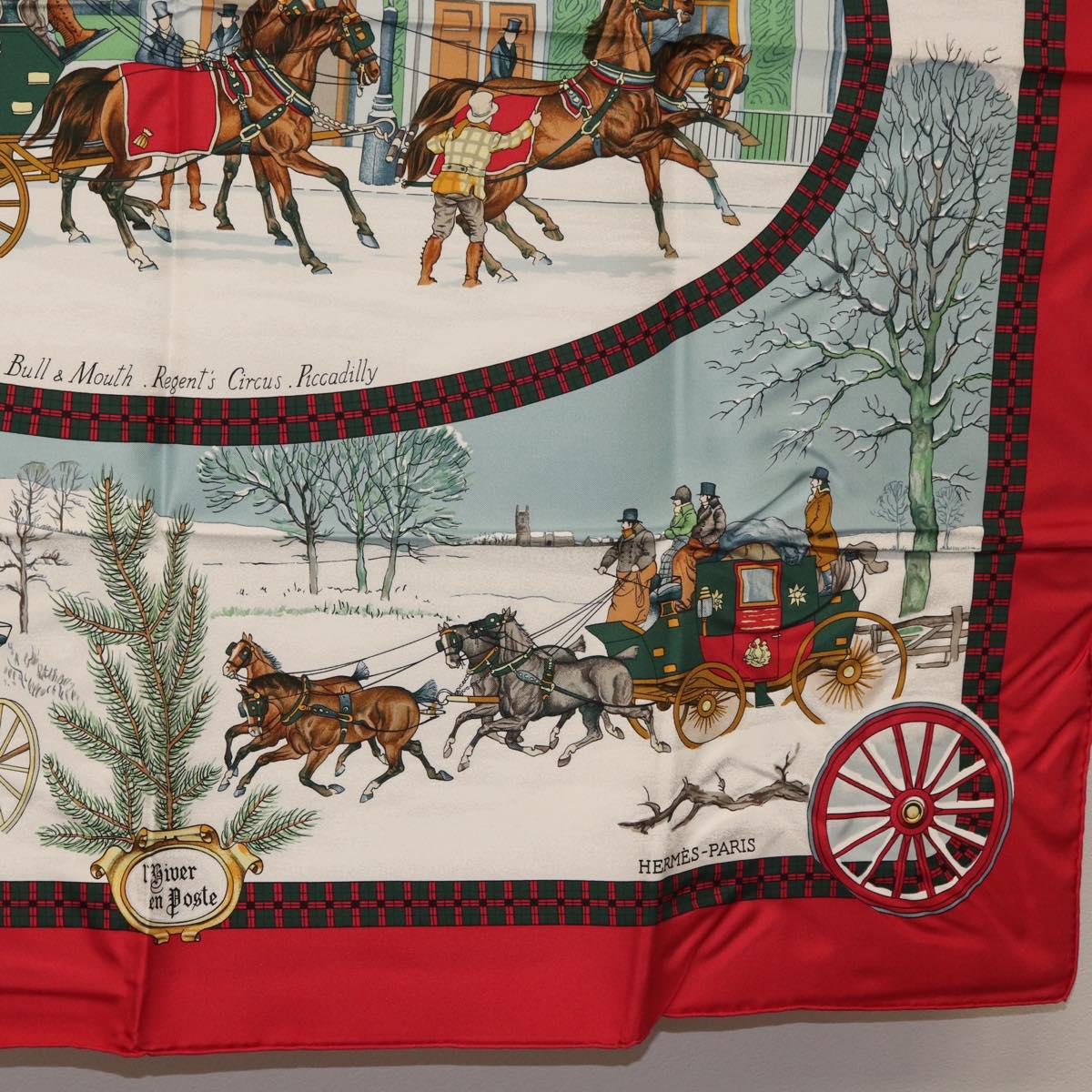 HERMES Carre 90 Scarf ""L'HIVER EN POSTE"" Silk Red Auth BA12838V