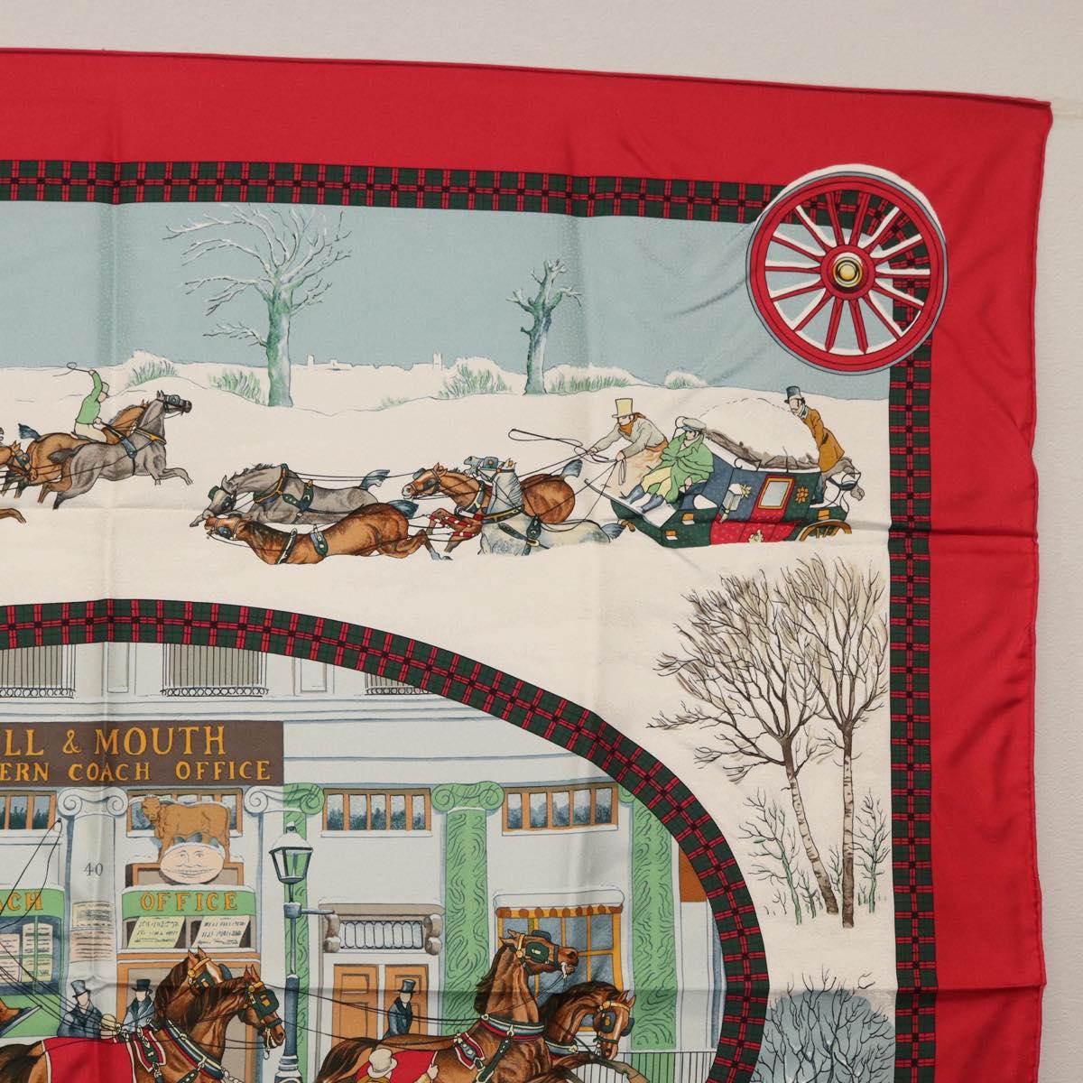HERMES Carre 90 Scarf ""L'HIVER EN POSTE"" Silk Red Auth BA12838V
