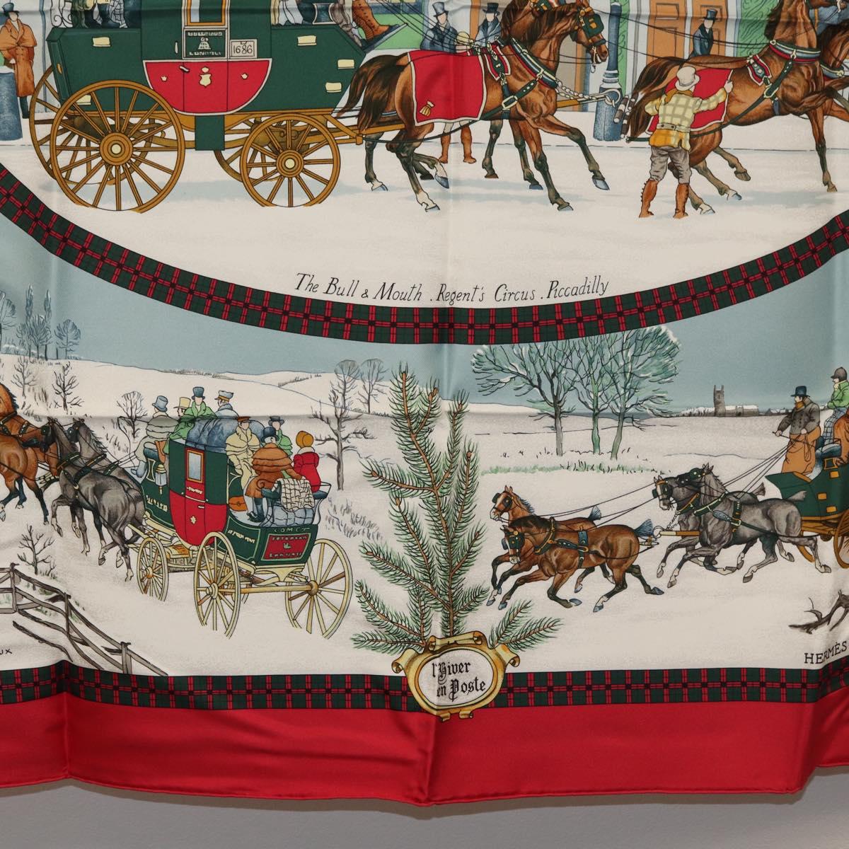 HERMES Carre 90 Scarf ""L'HIVER EN POSTE"" Silk Red Auth BA12838V