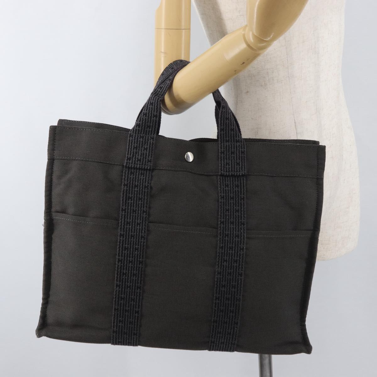 HERMES Her Line MM Hand Bag Canvas Gray Silver Auth BA12844