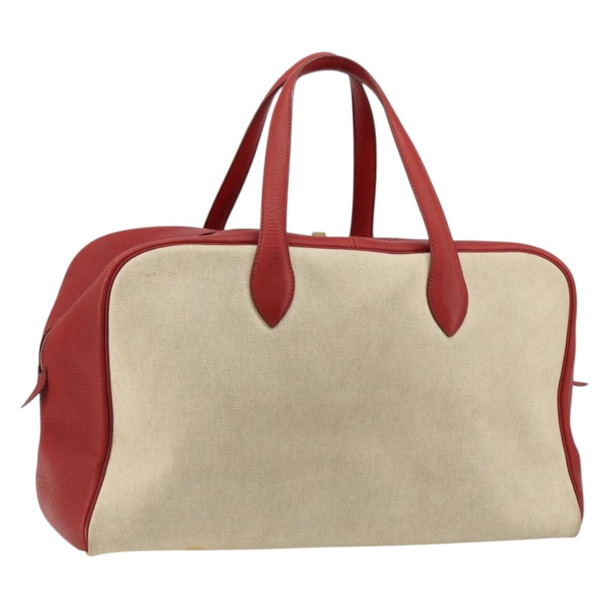 HERMES Victoria 43 Hand Bag Coated Canvas Beige Auth BA12885