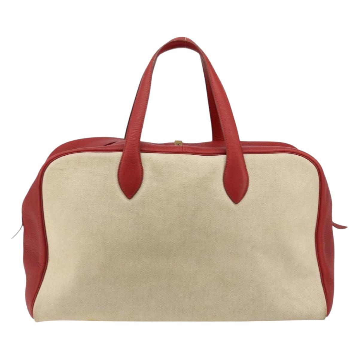 HERMES Victoria 43 Hand Bag Coated Canvas Beige Auth BA12885