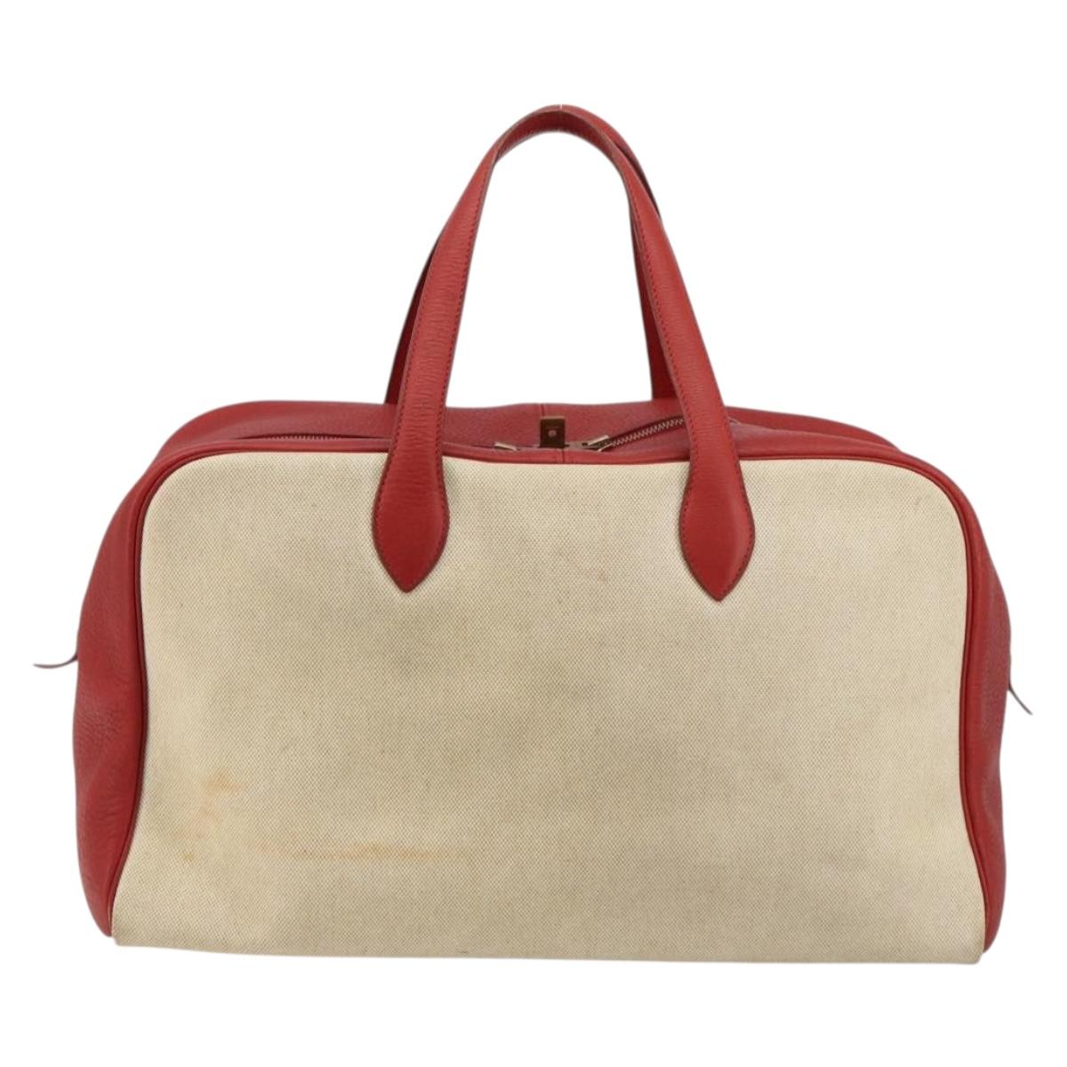 HERMES Victoria 43 Hand Bag Coated Canvas Beige Auth BA12885