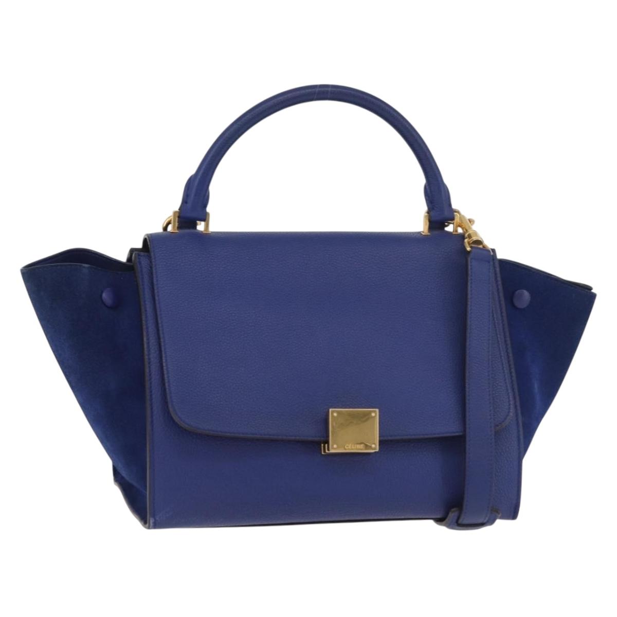 CELINE Trapeze Hand Bag Leather 2way Blue Gold Auth BA12887A