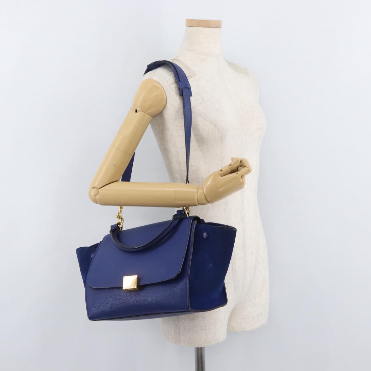 CELINE Trapeze Hand Bag Leather 2way Blue Gold Auth BA12887A