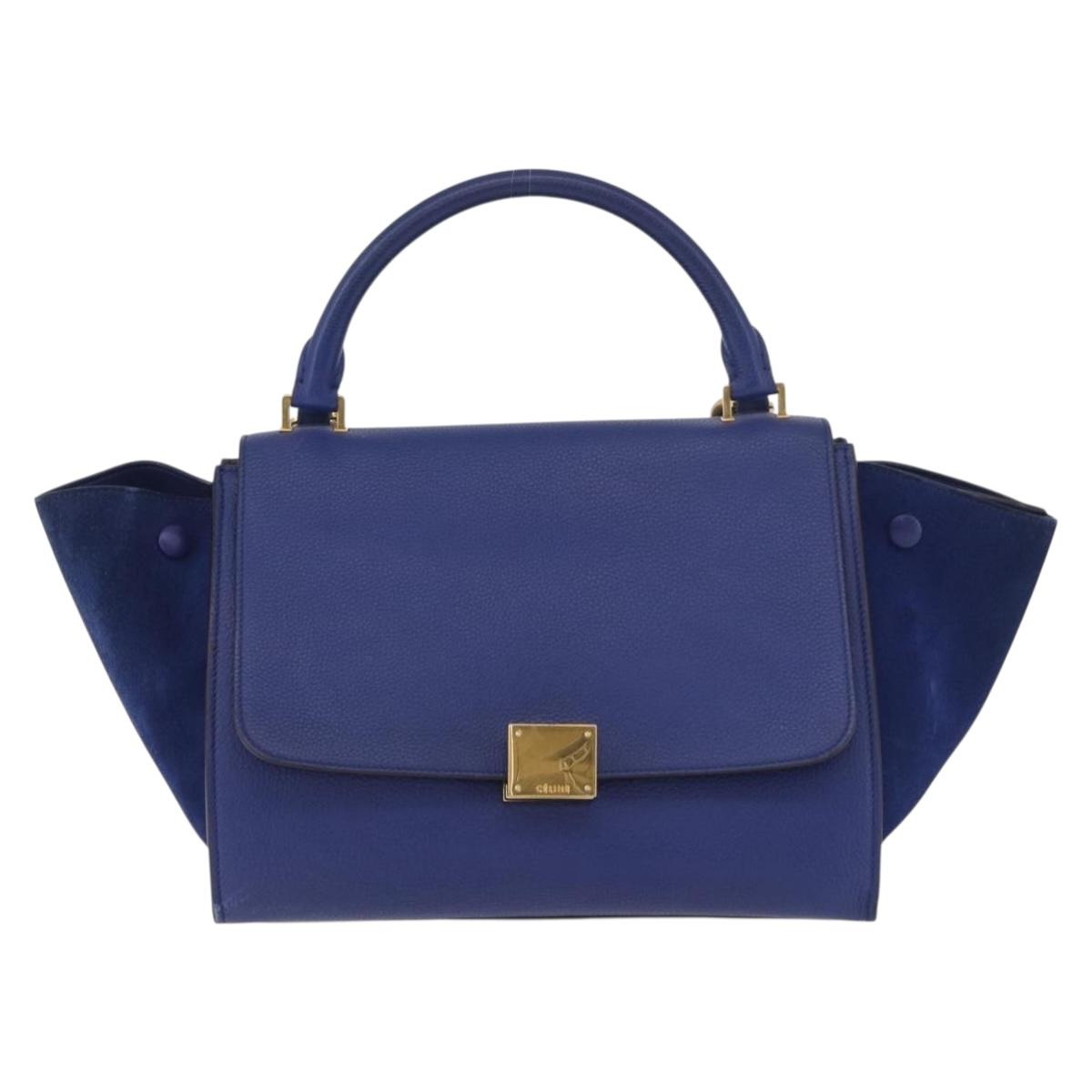 CELINE Trapeze Hand Bag Leather 2way Blue Gold Auth BA12887A