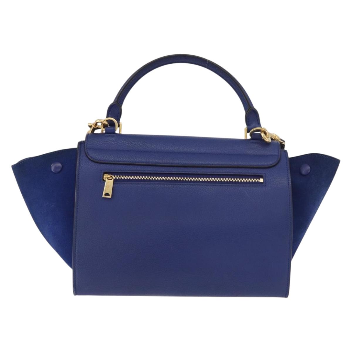CELINE Trapeze Hand Bag Leather 2way Blue Gold Auth BA12887A