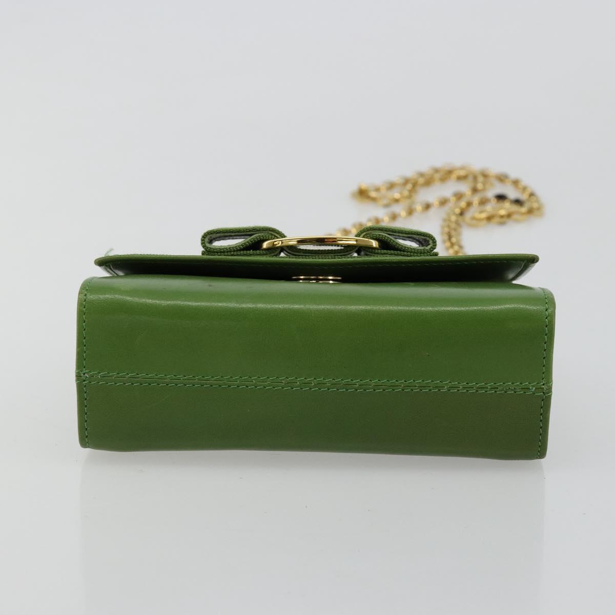 Salvatore Ferragamo Vara Ribbon Chain Bag Leather Green Gold Auth BA12890
