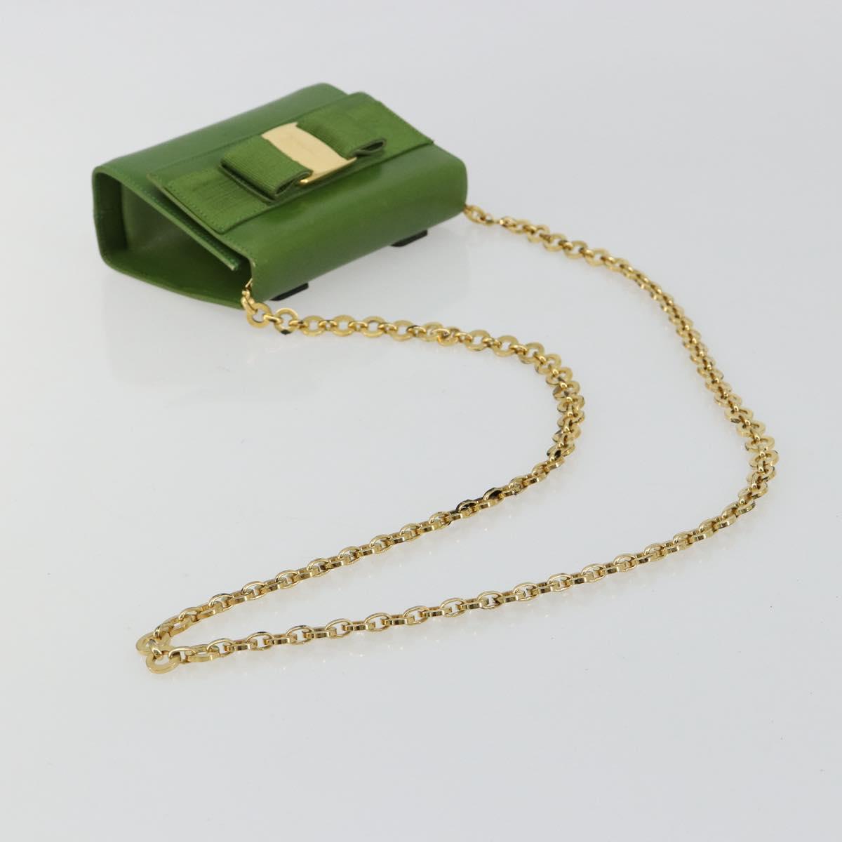Salvatore Ferragamo Vara Ribbon Chain Bag Leather Green Gold Auth BA12890