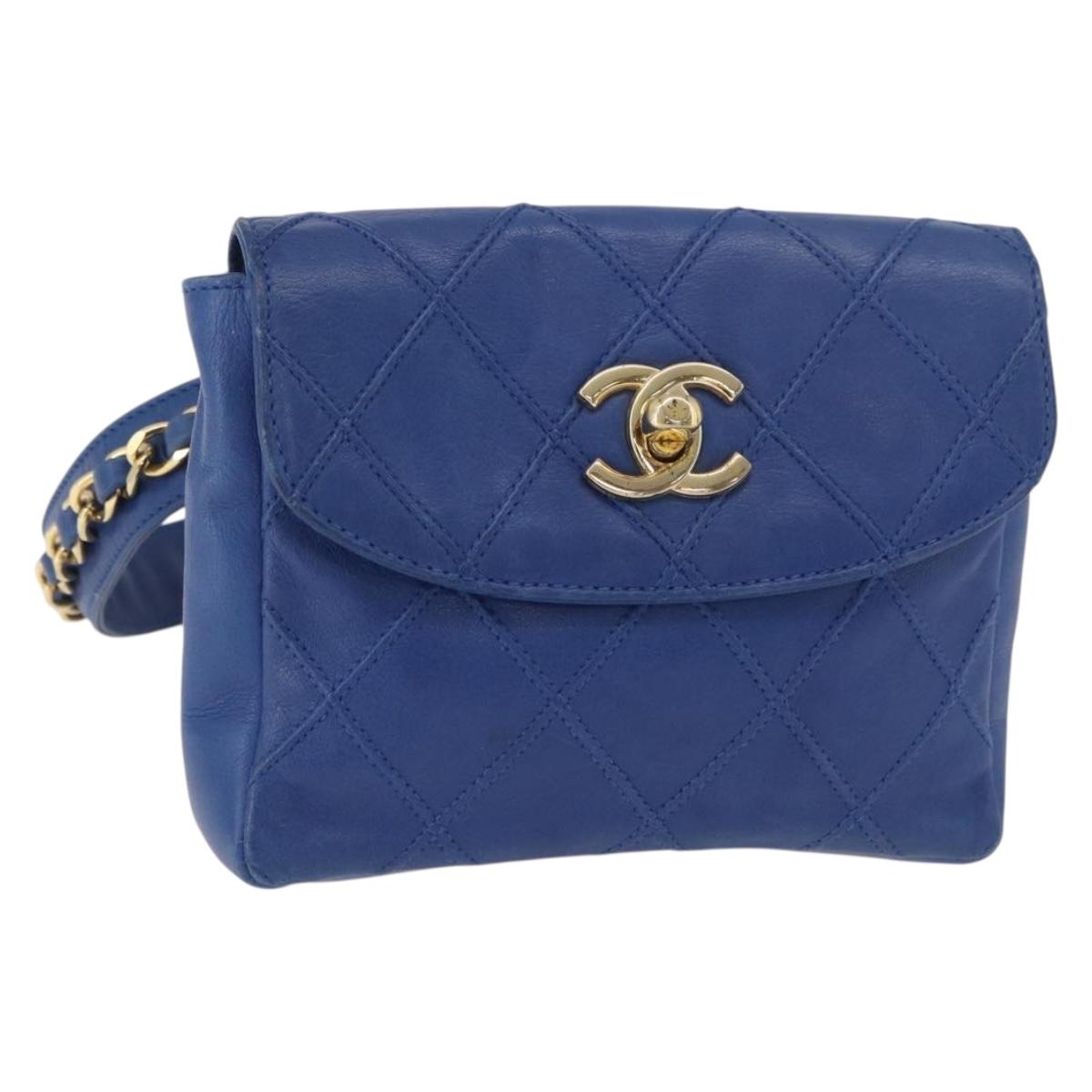CHANEL Bicolore Waist bag Lamb Skin Blue Gold CC Auth BA12897