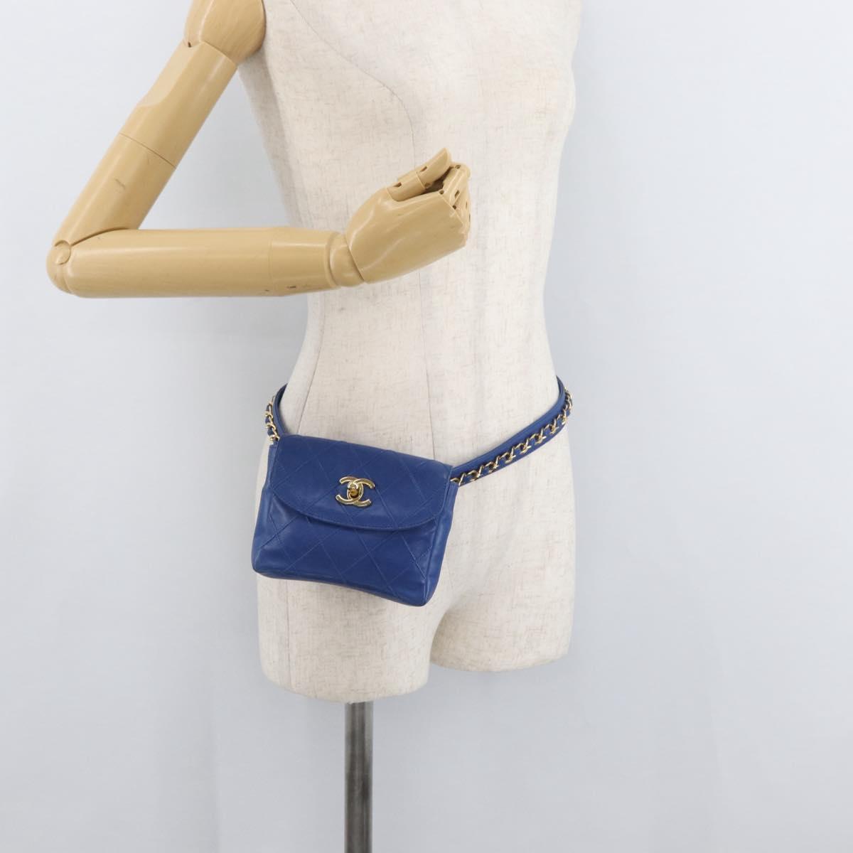 CHANEL Bicolore Waist bag Lamb Skin Blue Gold CC Auth BA12897