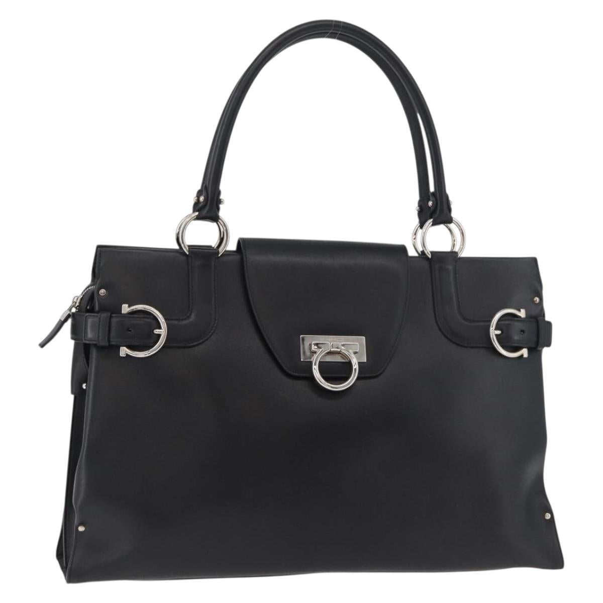 Salvatore Ferragamo Gancini Hand Bag Leather Black Silver Auth BA12902