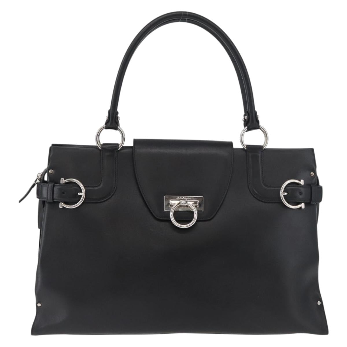 Salvatore Ferragamo Gancini Hand Bag Leather Black Silver Auth BA12902