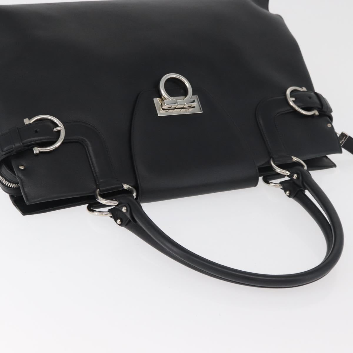 Salvatore Ferragamo Gancini Hand Bag Leather Black Silver Auth BA12902