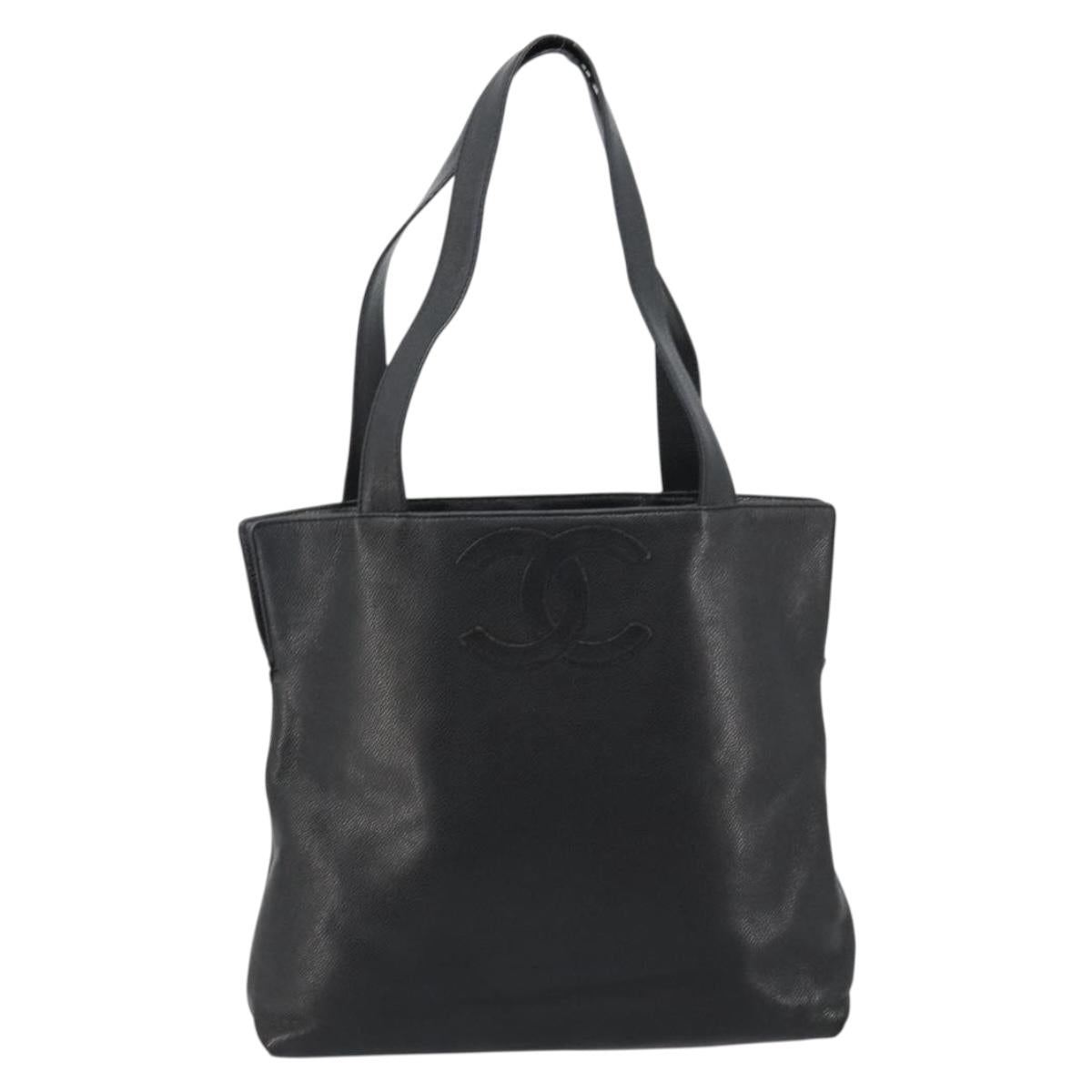 CHANEL Tote Bag Caviar Skin Black Gold CC Auth BA12903