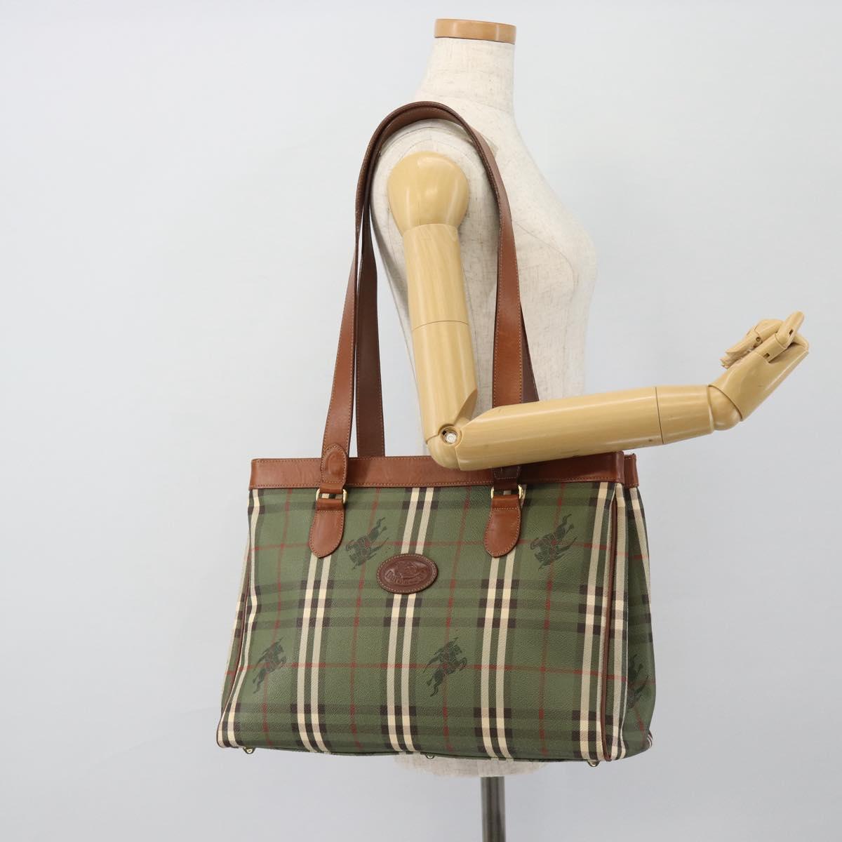 Burberrys Nova Check Tote Bag PVC Green Gold Auth BA12905