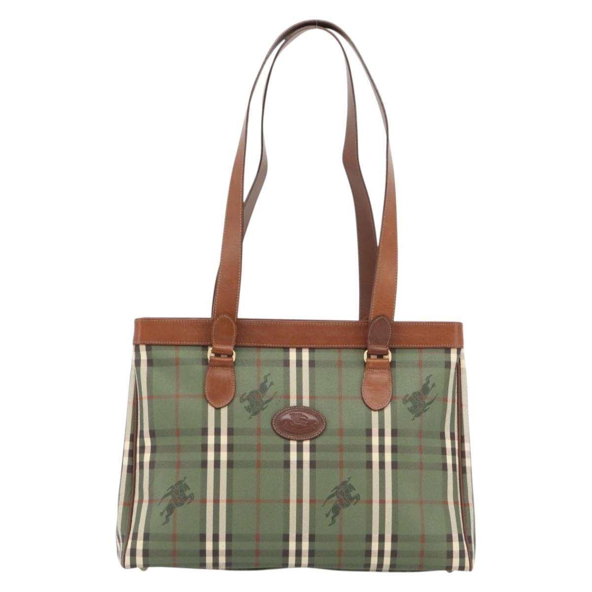 Burberrys Nova Check Tote Bag PVC Green Gold Auth BA12905