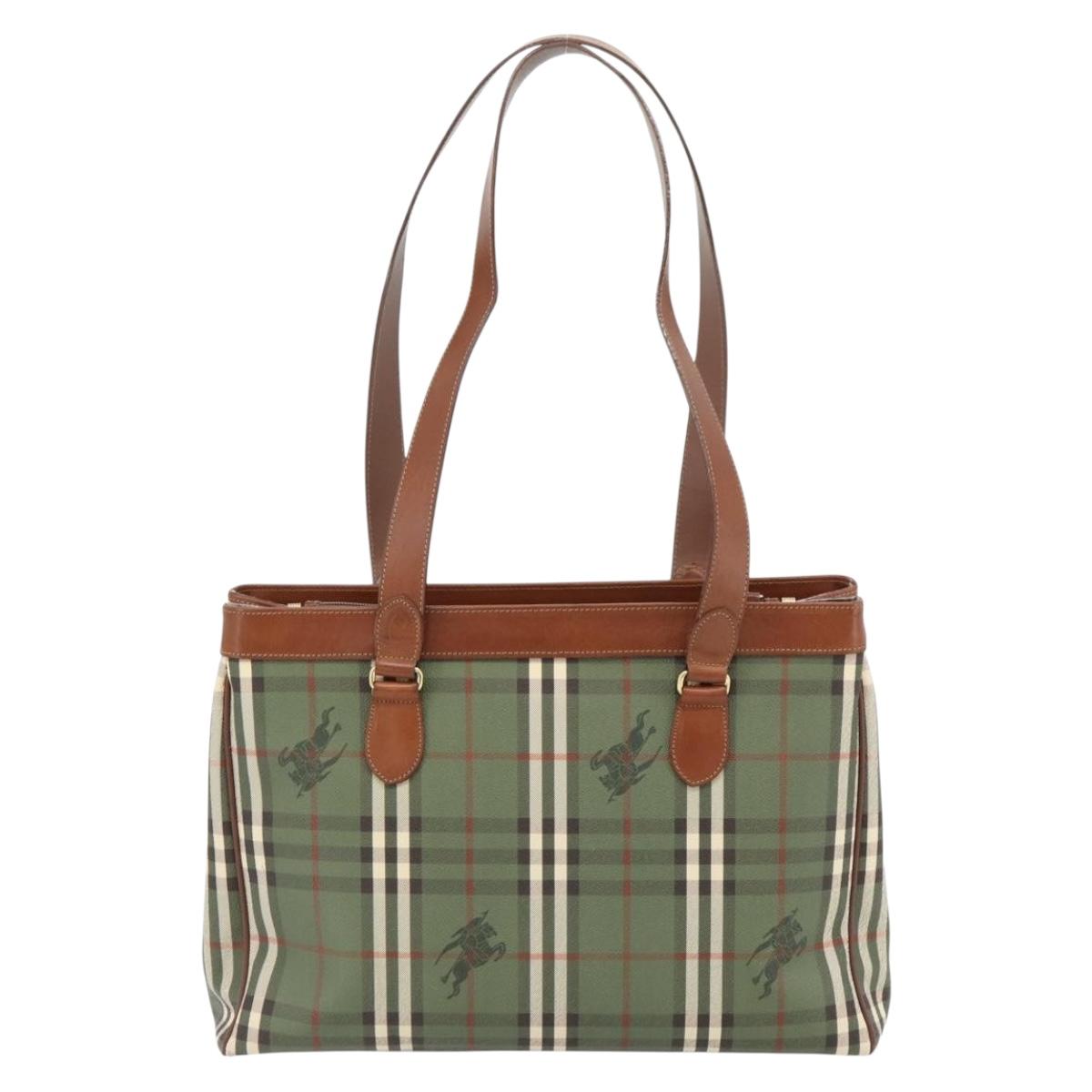 Burberrys Nova Check Tote Bag PVC Green Gold Auth BA12905