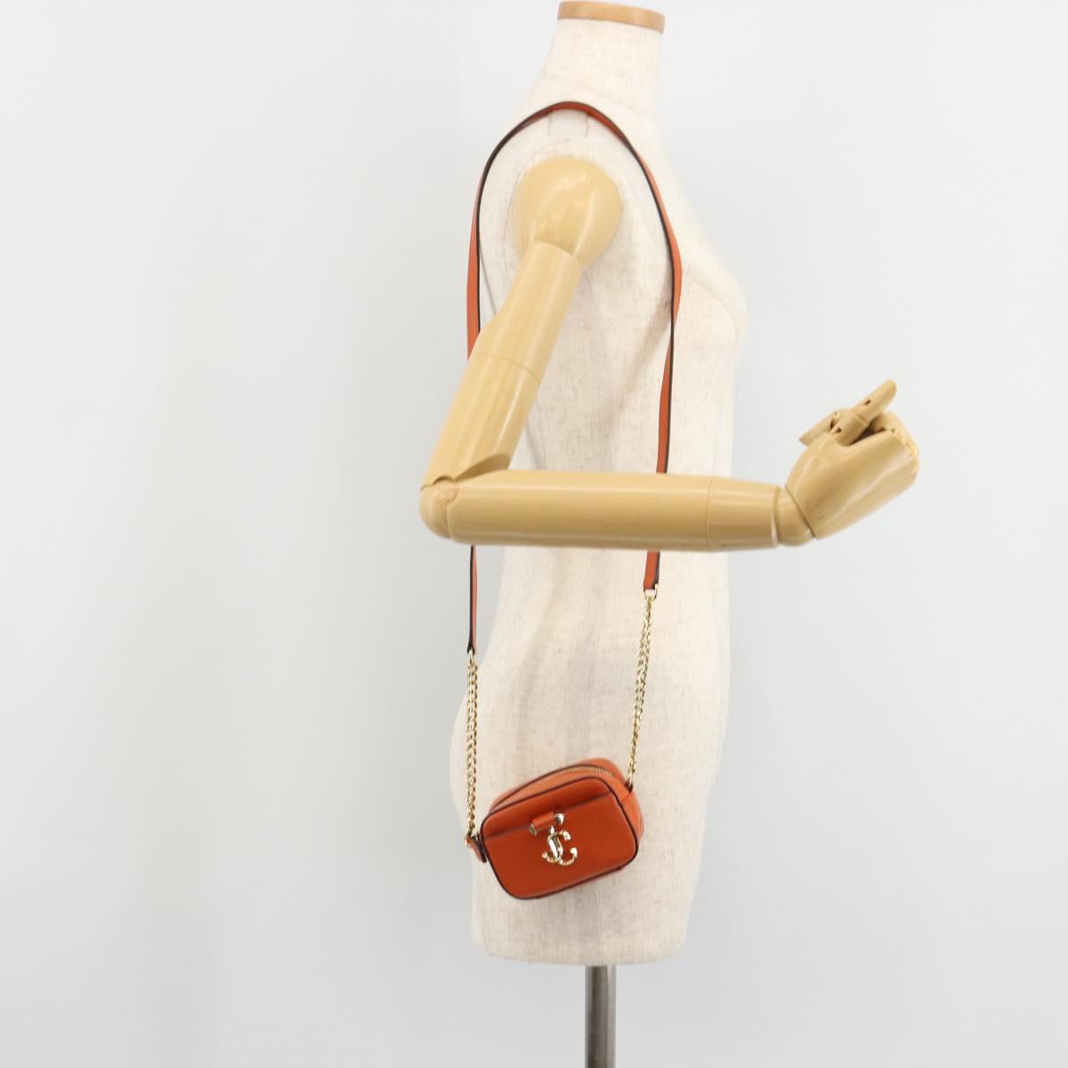 Jimmy Choo Chain Shoulder Pouch Leather Orange Gold Auth BA12938