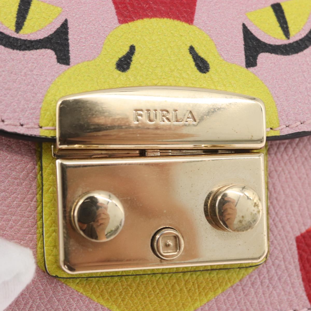 FURLA Chain Hand Pouch Leather Pink Gold Auth BA12939