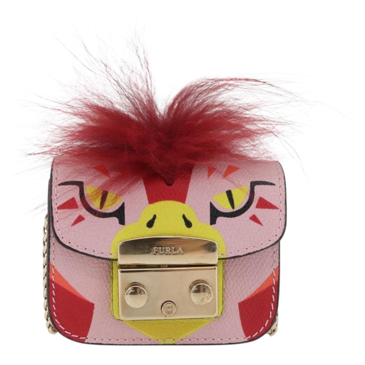 FURLA Chain Hand Pouch Leather Pink Gold Auth BA12939