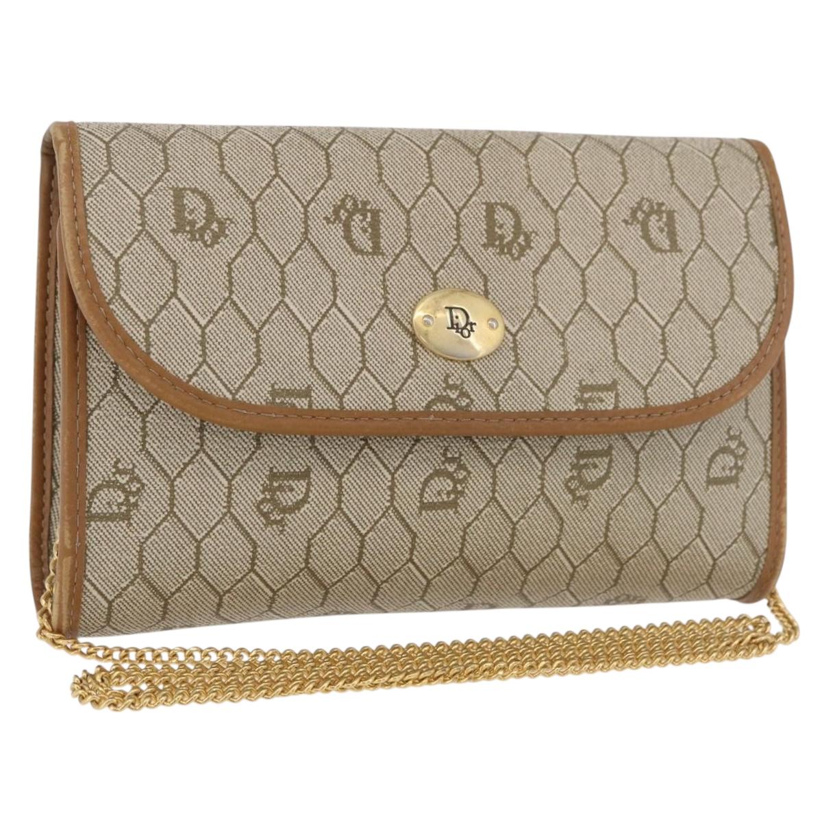 Christian Dior Honeycomb Canvas Chain Shoulder Bag PVC Beige Gold Auth BA12955A