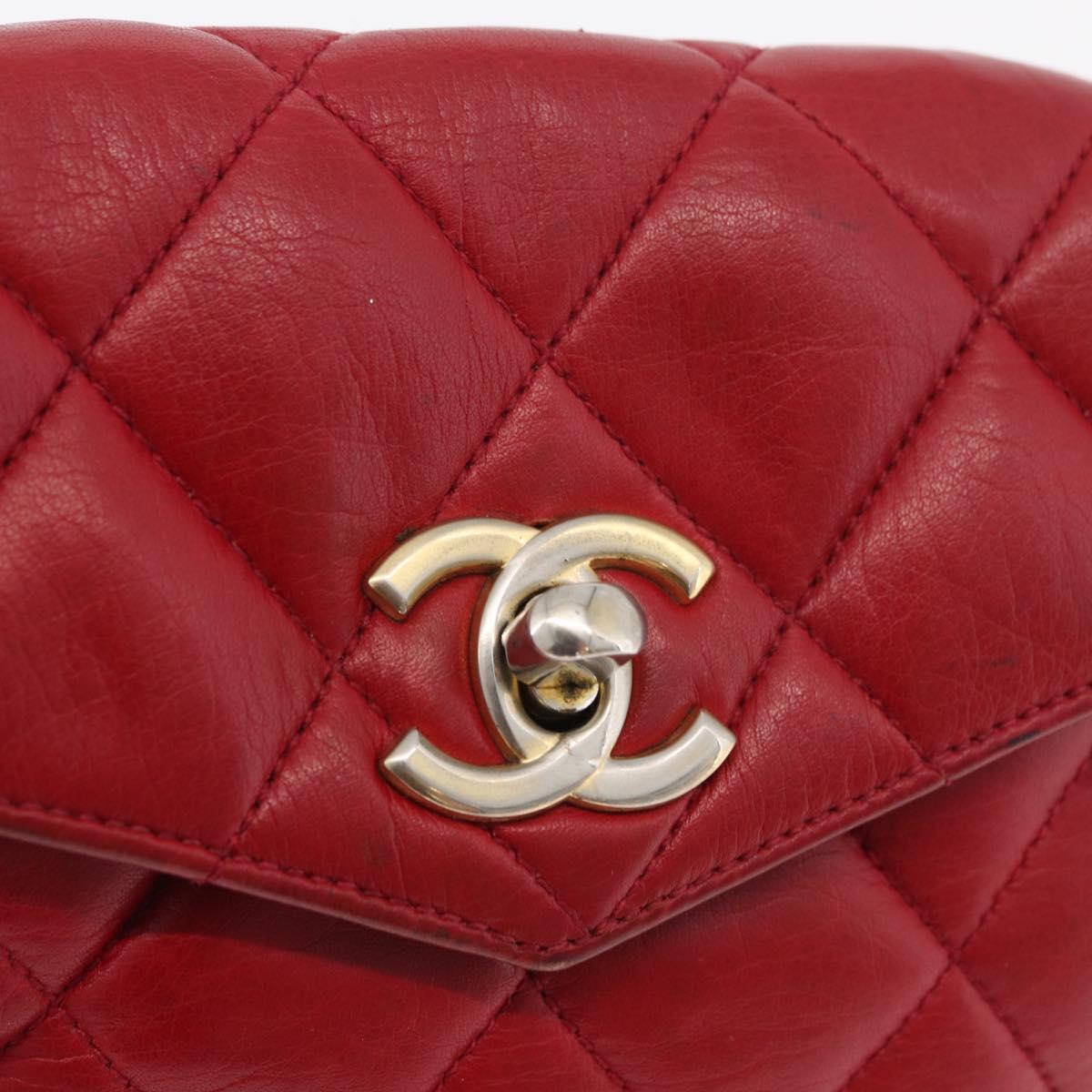 CHANEL Matelasse Waist Bag Lamb Skin Red Gold CC Auth BA12963