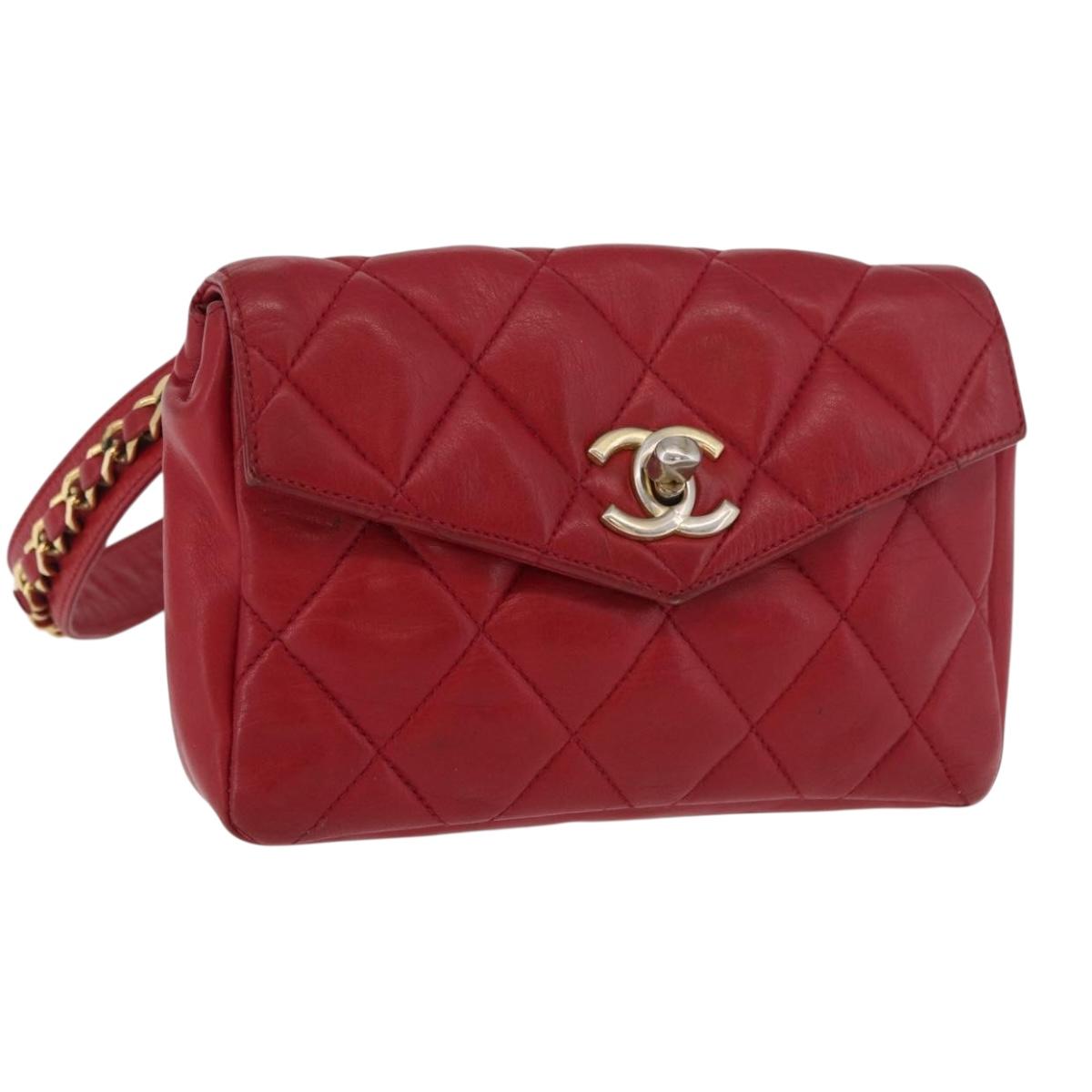 CHANEL Matelasse Waist Bag Lamb Skin Red Gold CC Auth BA12963
