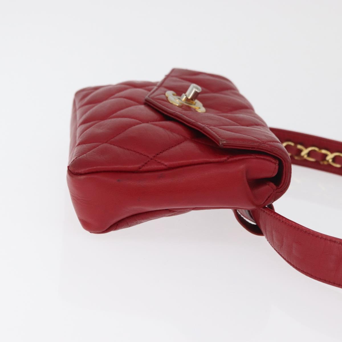 CHANEL Matelasse Waist Bag Lamb Skin Red Gold CC Auth BA12963