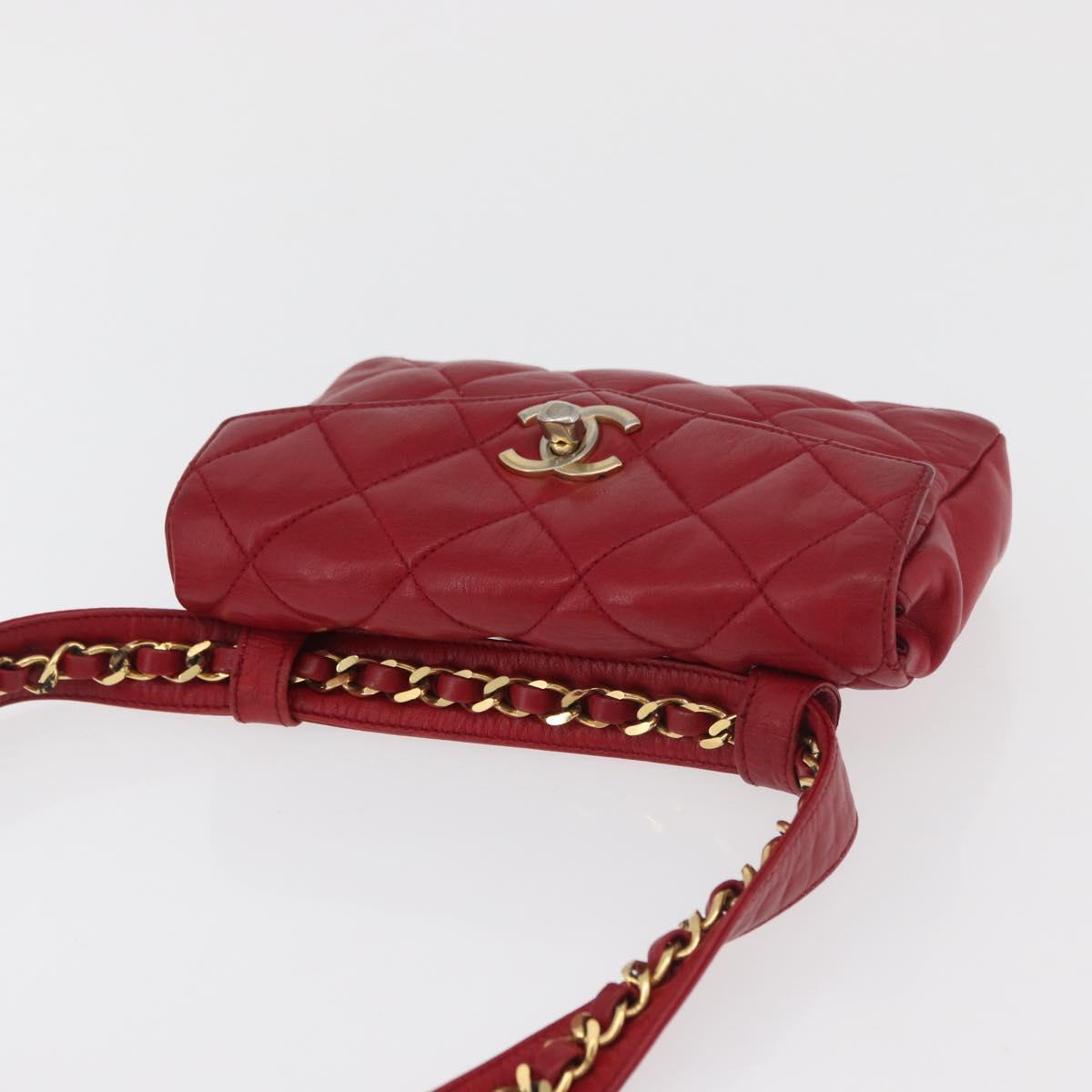 CHANEL Matelasse Waist Bag Lamb Skin Red Gold CC Auth BA12963