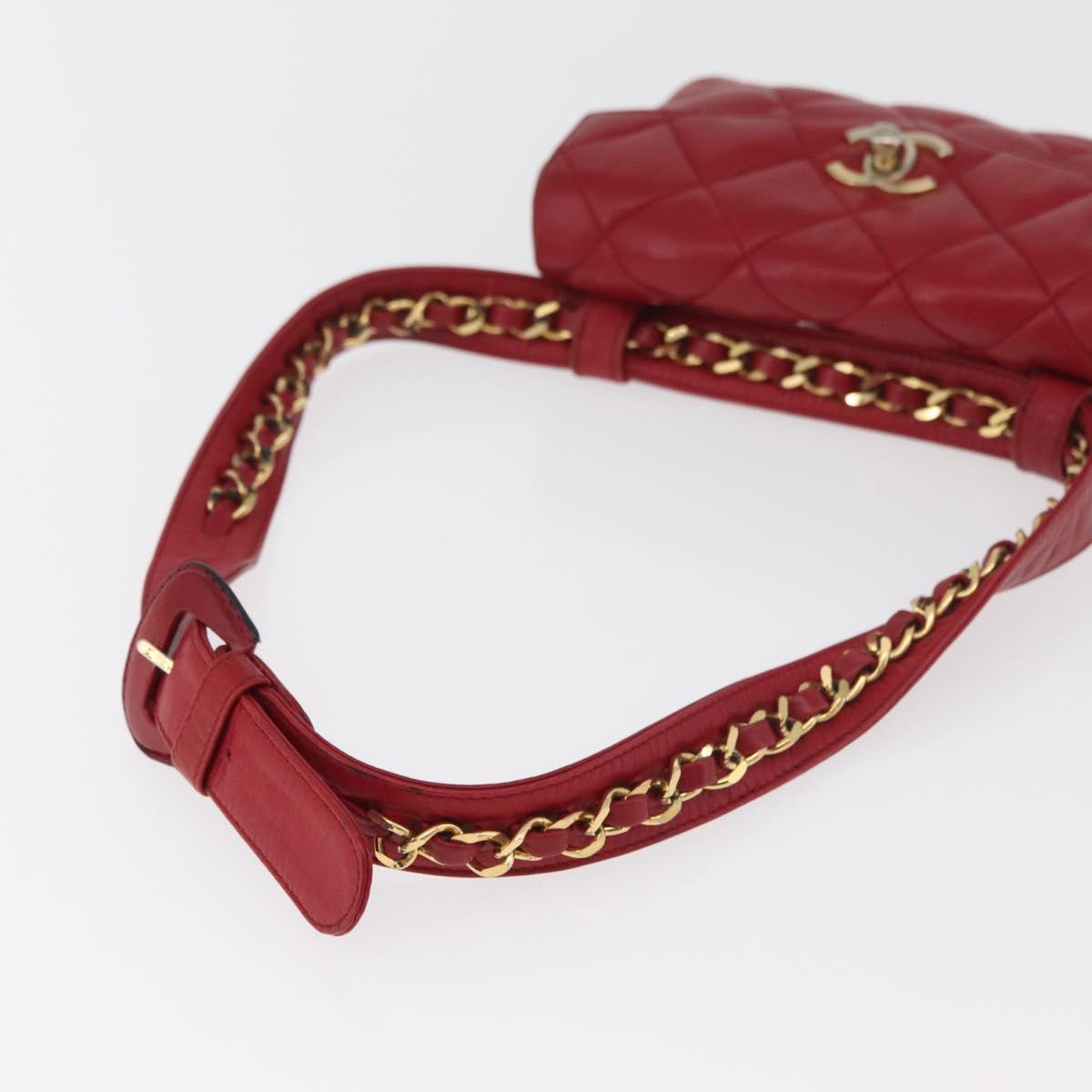 CHANEL Matelasse Waist Bag Lamb Skin Red Gold CC Auth BA12963