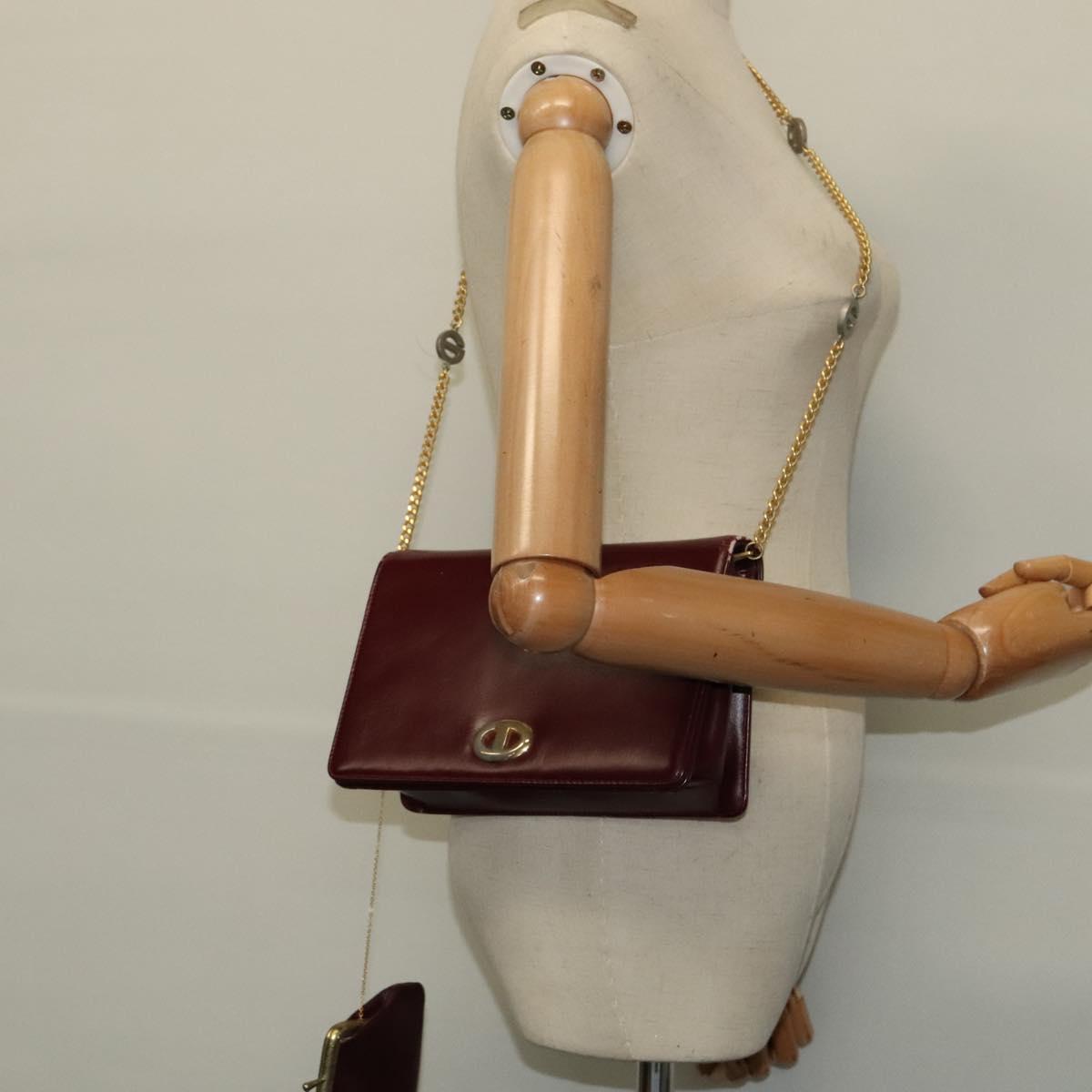 Christian Dior Chain Shoulder Bag Leather Wine Red Gold Auth BA1298
