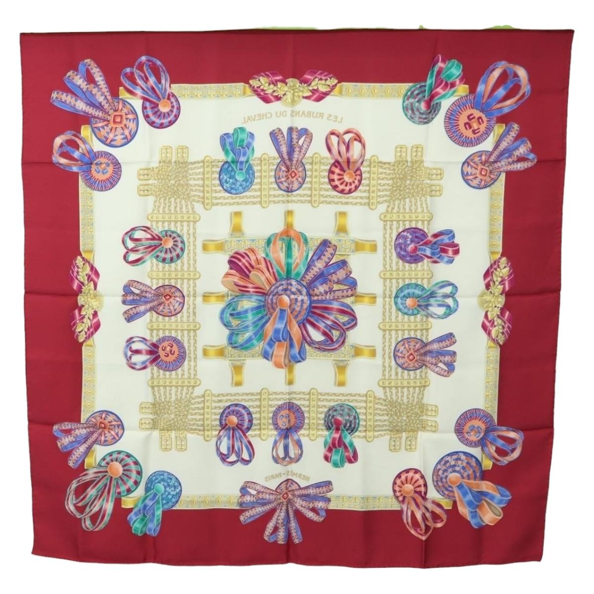 HERMES Carre 90 Scarf ""LES RUBANS DU CHEVAL"" Silk Multicolor Auth BA12984V