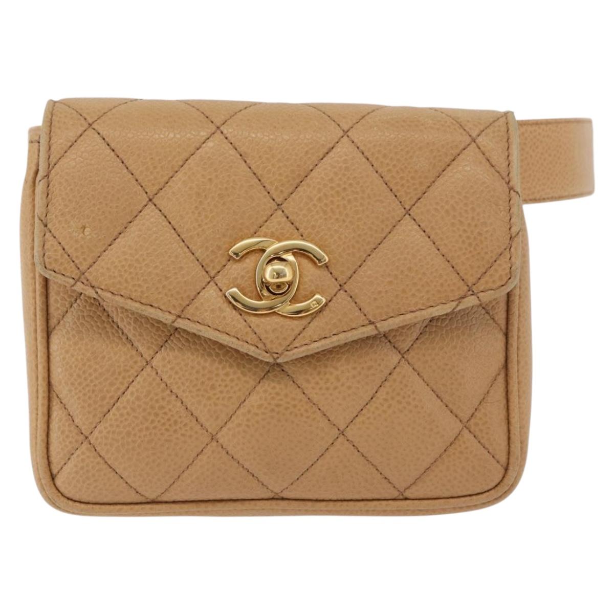 CHANEL Matelasse Waist Bag Caviar Skin Beige Gold CC Auth BA12986V