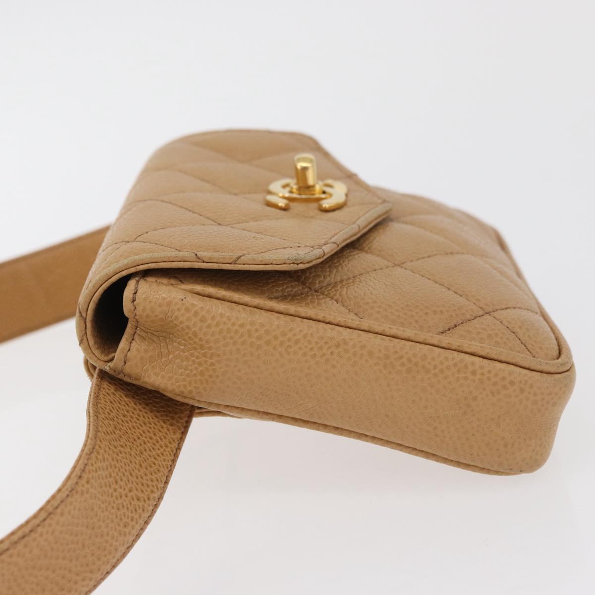 CHANEL Matelasse Waist Bag Caviar Skin Beige Gold CC Auth BA12986V