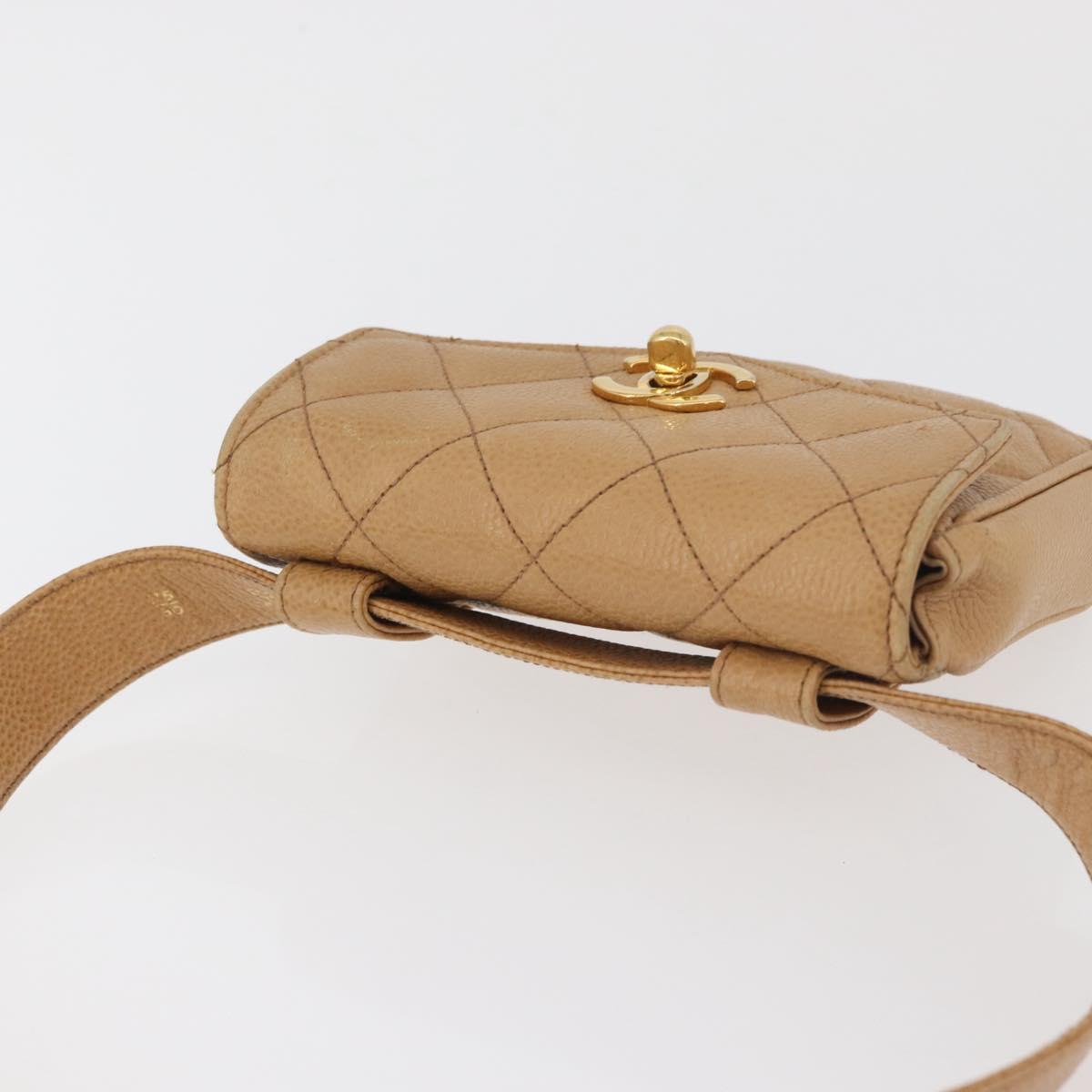 CHANEL Matelasse Waist Bag Caviar Skin Beige Gold CC Auth BA12986V