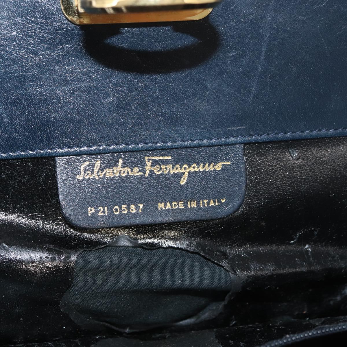 Salvatore Ferragamo Gancini Chain Shoulder Bag Leather Navy Gold Auth BA12988