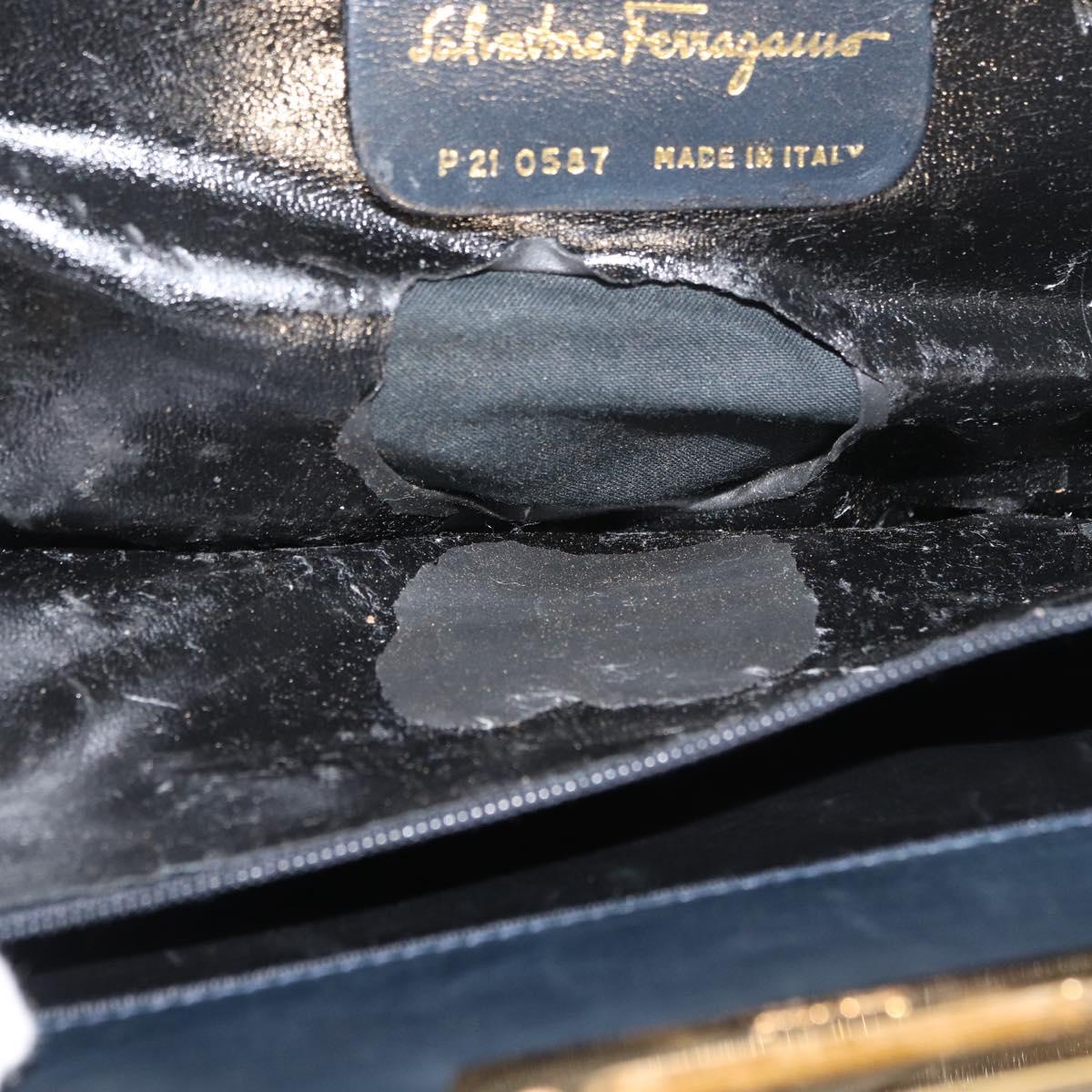Salvatore Ferragamo Gancini Chain Shoulder Bag Leather Navy Gold Auth BA12988