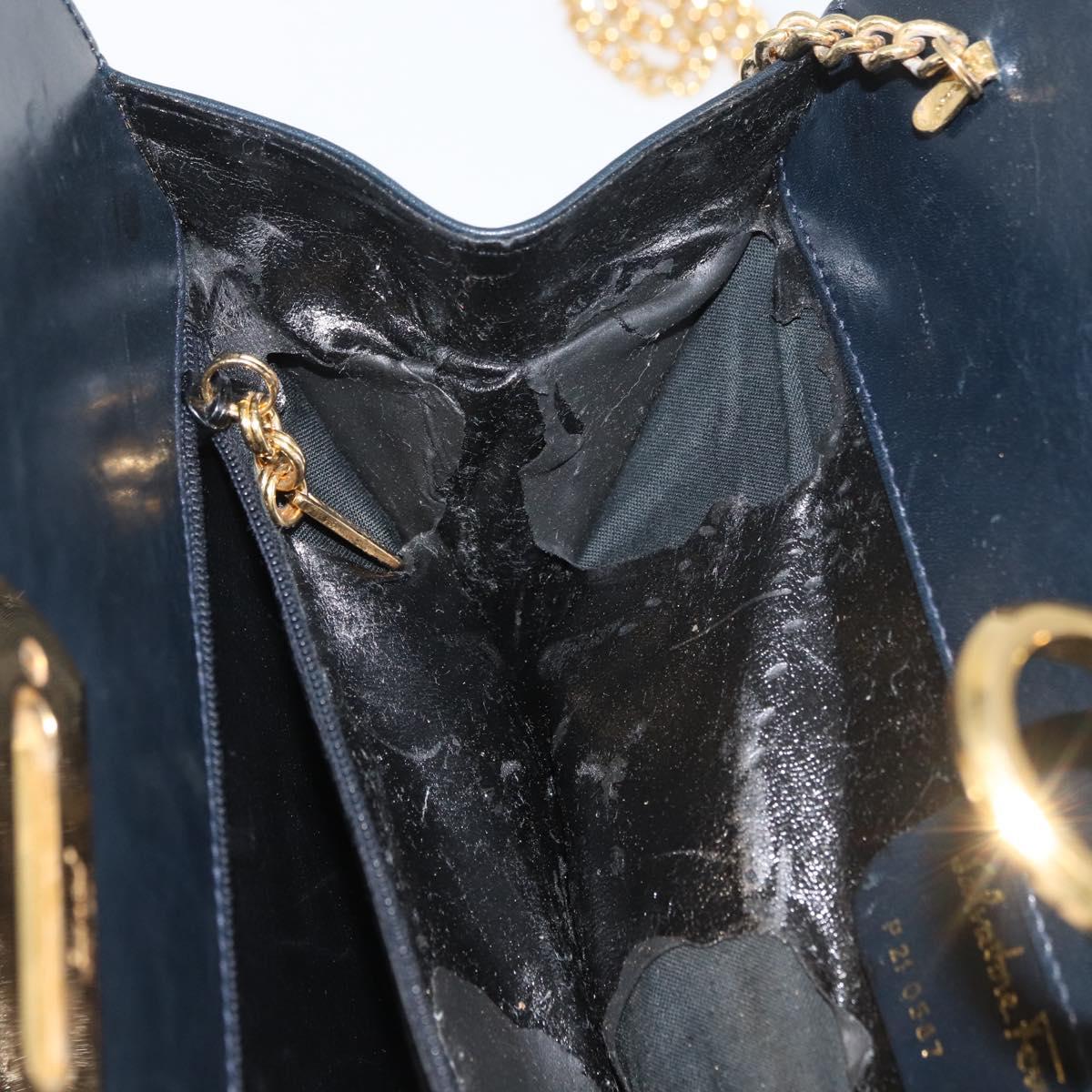 Salvatore Ferragamo Gancini Chain Shoulder Bag Leather Navy Gold Auth BA12988