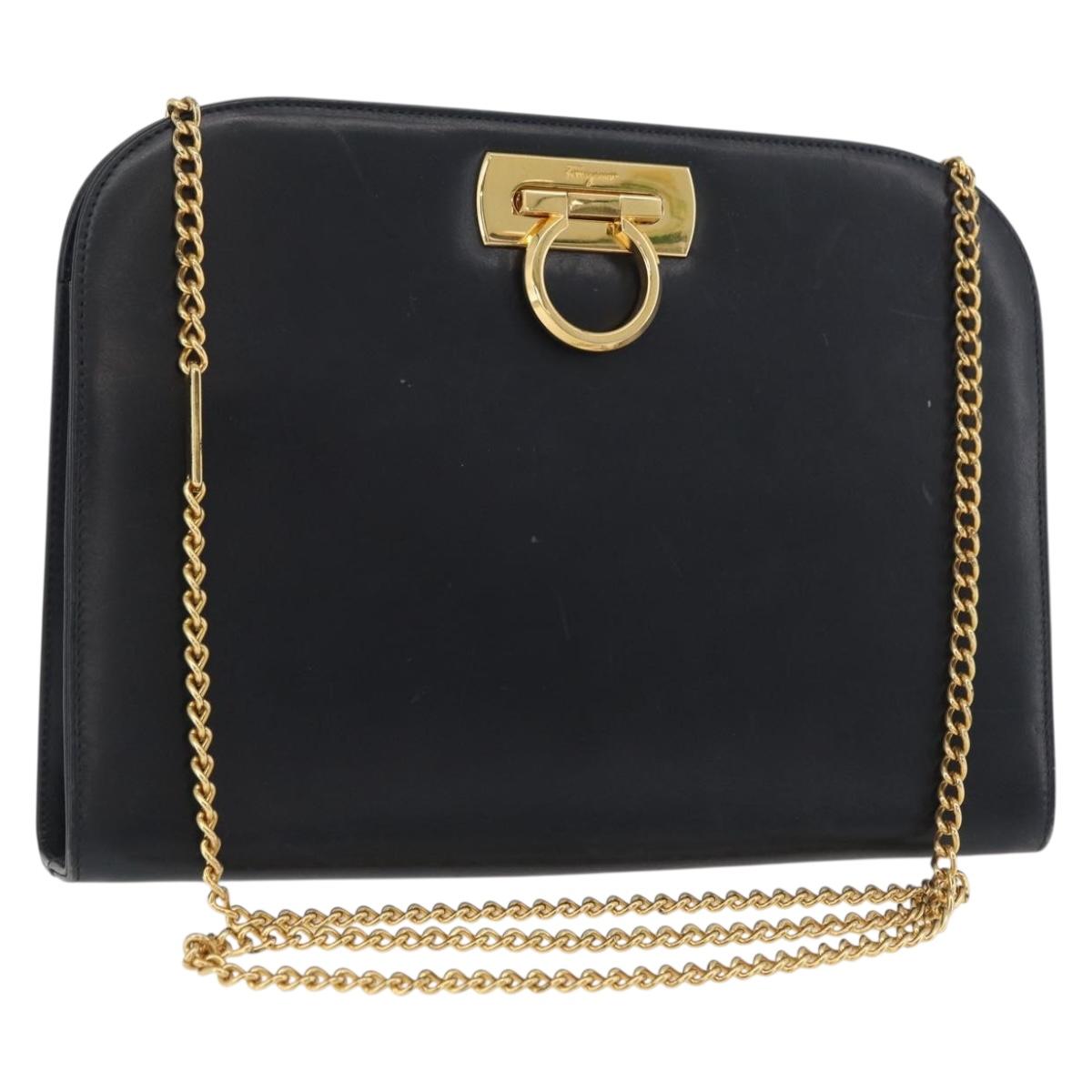 Salvatore Ferragamo Gancini Chain Shoulder Bag Leather Navy Gold Auth BA12988
