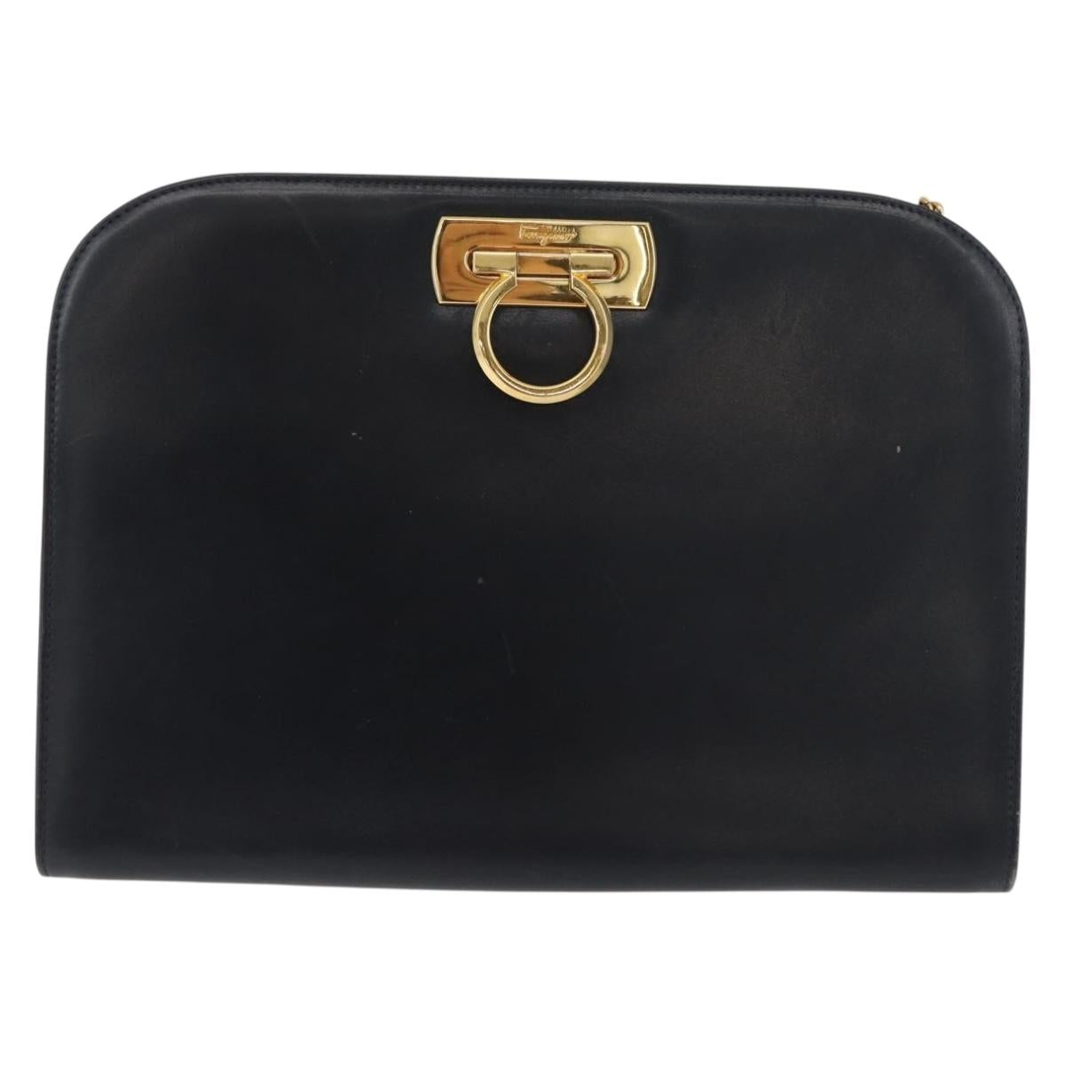 Salvatore Ferragamo Gancini Chain Shoulder Bag Leather Navy Gold Auth BA12988