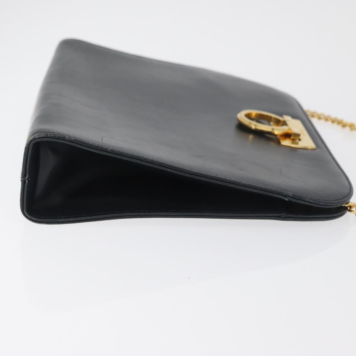 Salvatore Ferragamo Gancini Chain Shoulder Bag Leather Navy Gold Auth BA12988