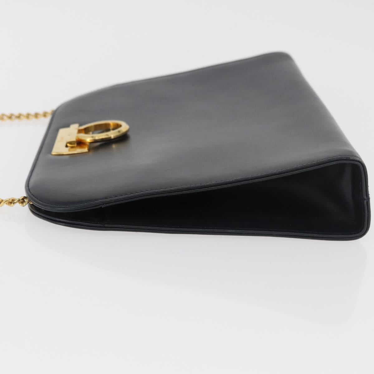 Salvatore Ferragamo Gancini Chain Shoulder Bag Leather Navy Gold Auth BA12988