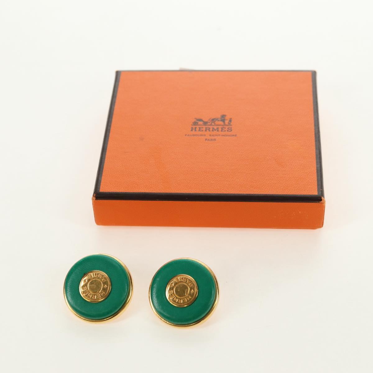 HERMES Serie Leather Earrings metal Green Auth BA12999V