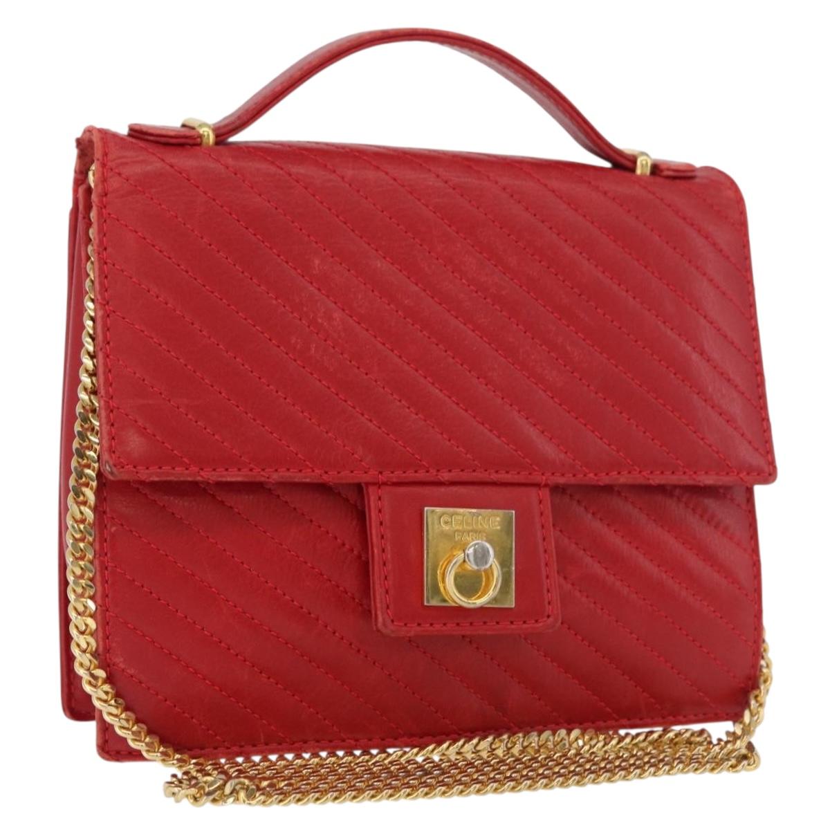 CELINE Chain Shoulder Bag Leather 2way Red Gold Auth BA13005