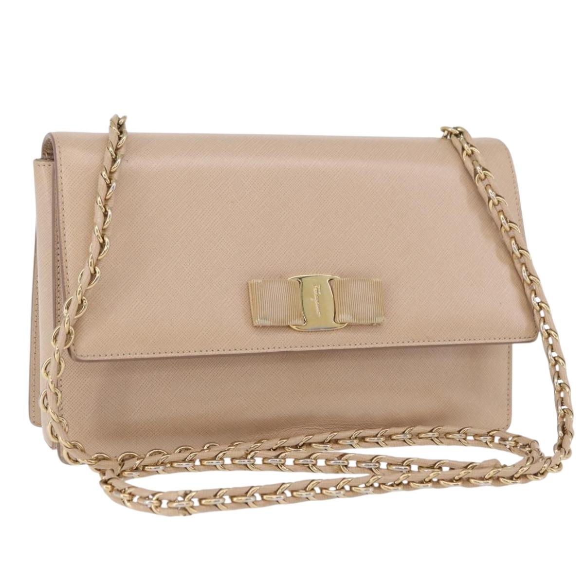 Salvatore Ferragamo Vala Chain Shoulder Bag Leather Gold Beige Auth BA13006
