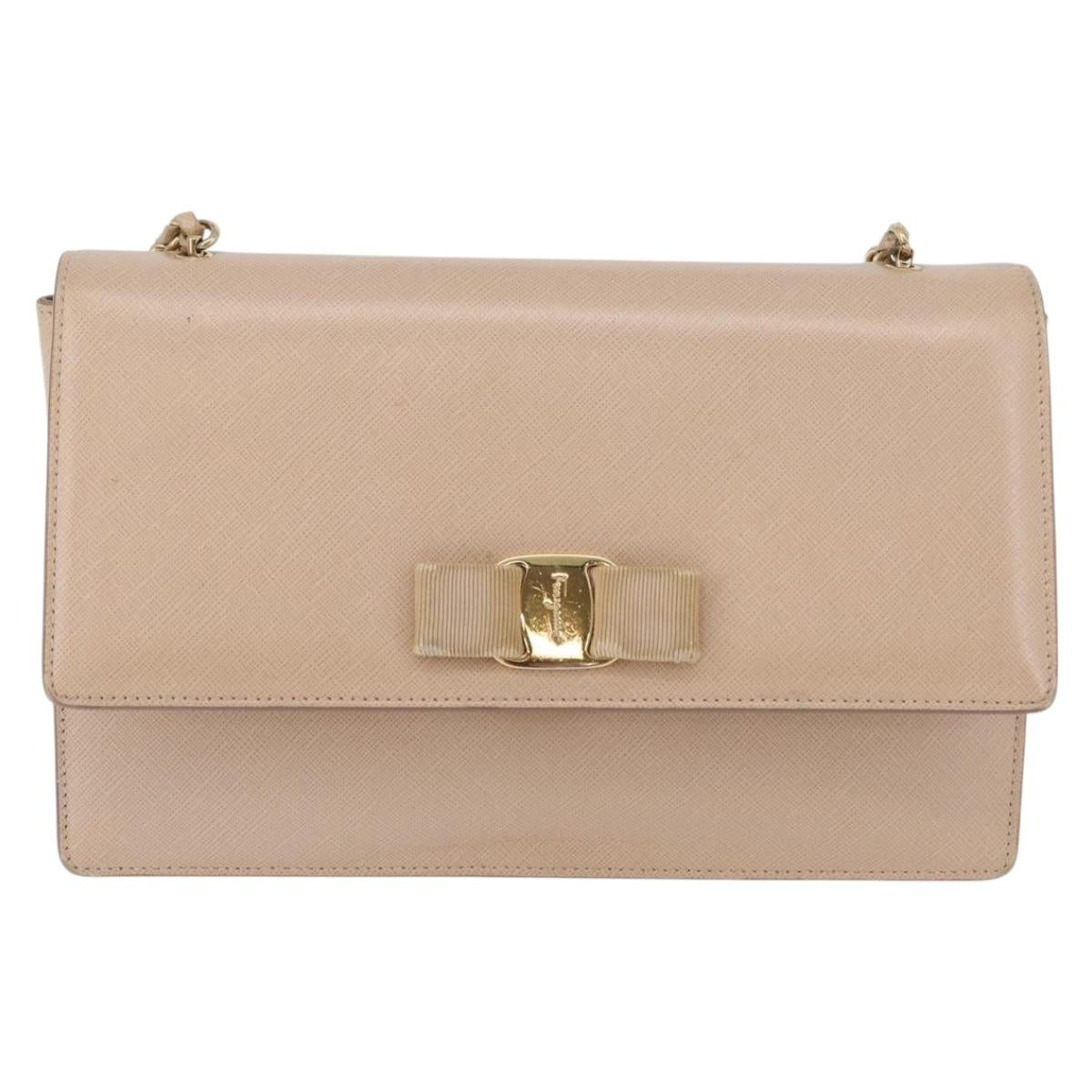 Salvatore Ferragamo Vala Chain Shoulder Bag Leather Gold Beige Auth BA13006