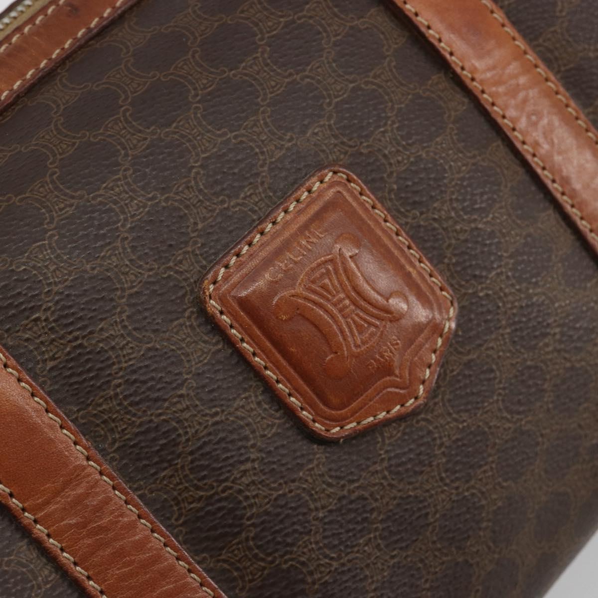 CELINE Macadam Canvas Boston Bag PVC Leather Brown Gold Auth BA13029
