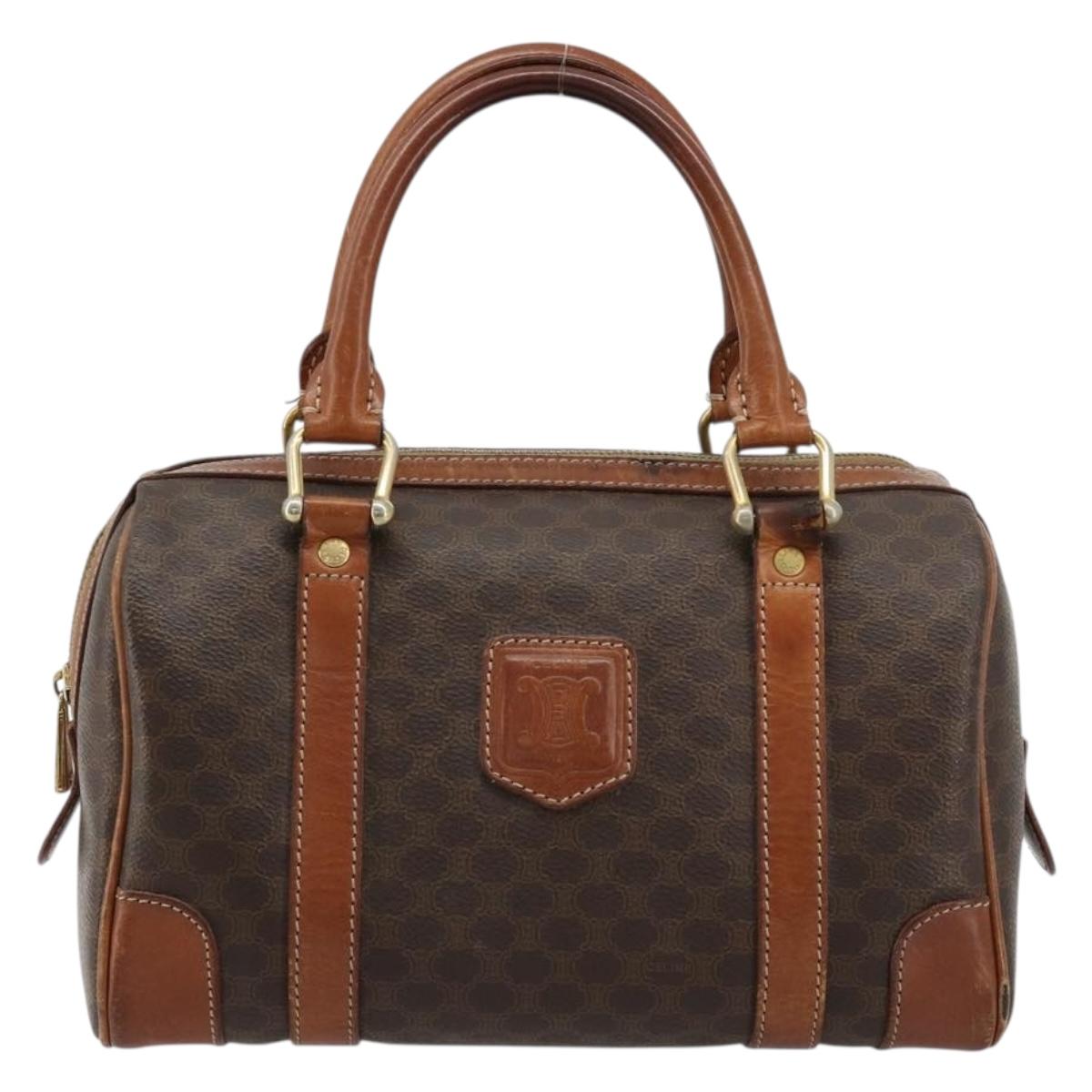 CELINE Macadam Canvas Boston Bag PVC Leather Brown Gold Auth BA13029